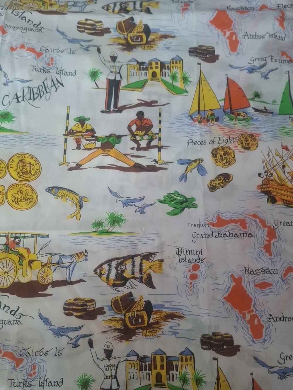 Vintage 1950s 1960s Caicos Island Souvenir Novelty Print Fabric Cotton 4 Yards